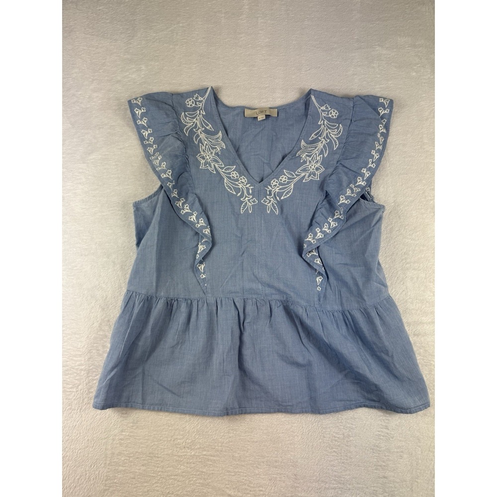 Loft Sleeveless Ruffle Embroidered Peplum‎ Top Womens M Coquette Cottage
